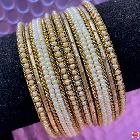 Gold Pearl Metal Bangles Set