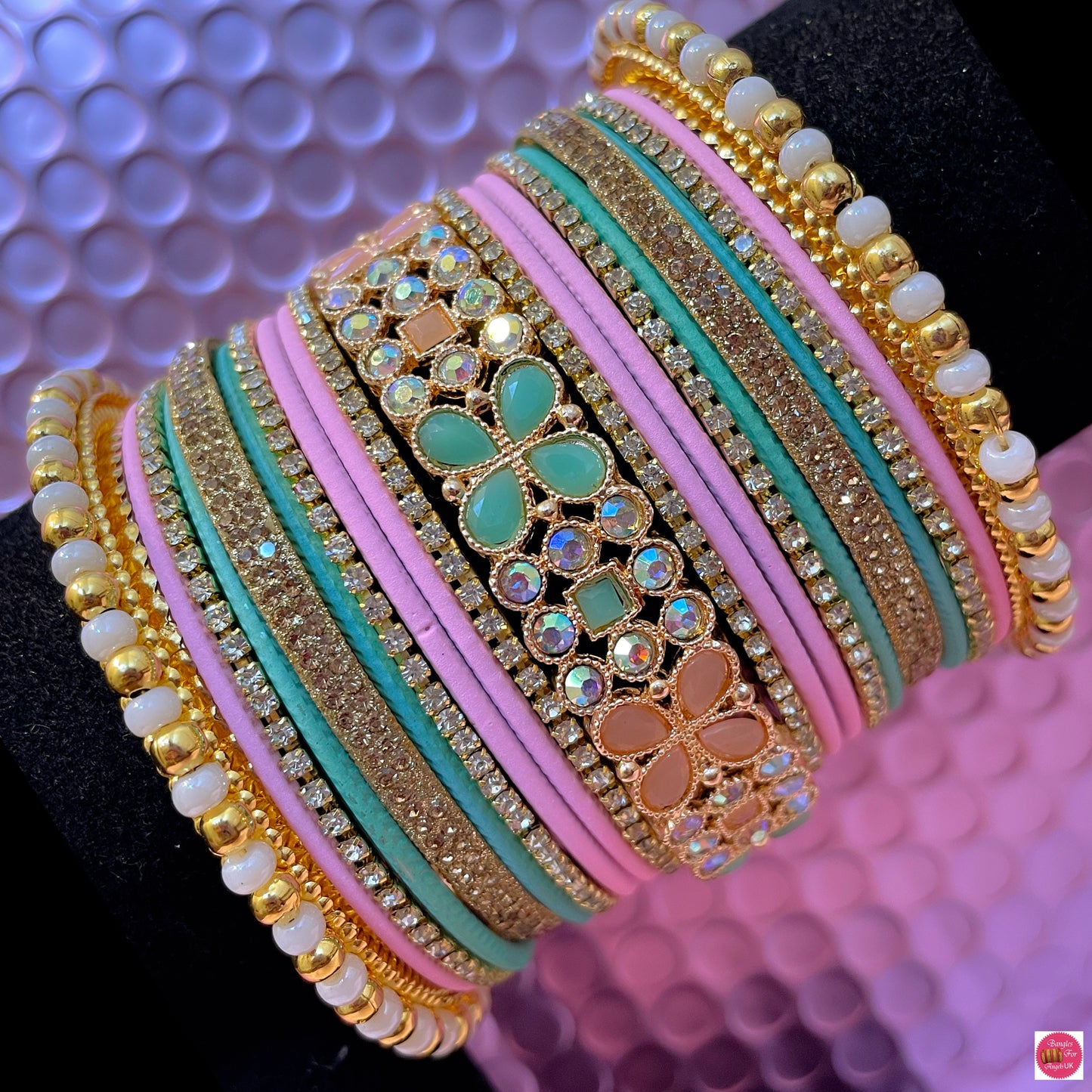 Gold Zirconia Metal Bangles Set- Pink/Mint Green