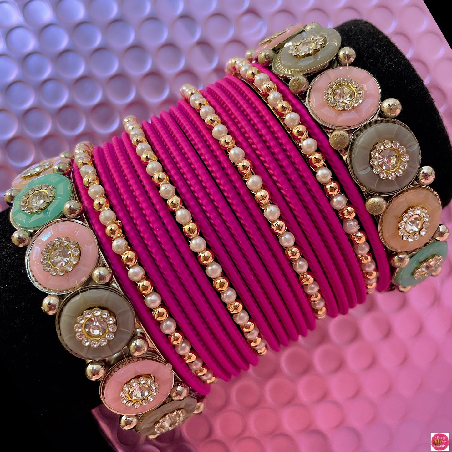 Pearl Metal Bangles Set- Hot Pink