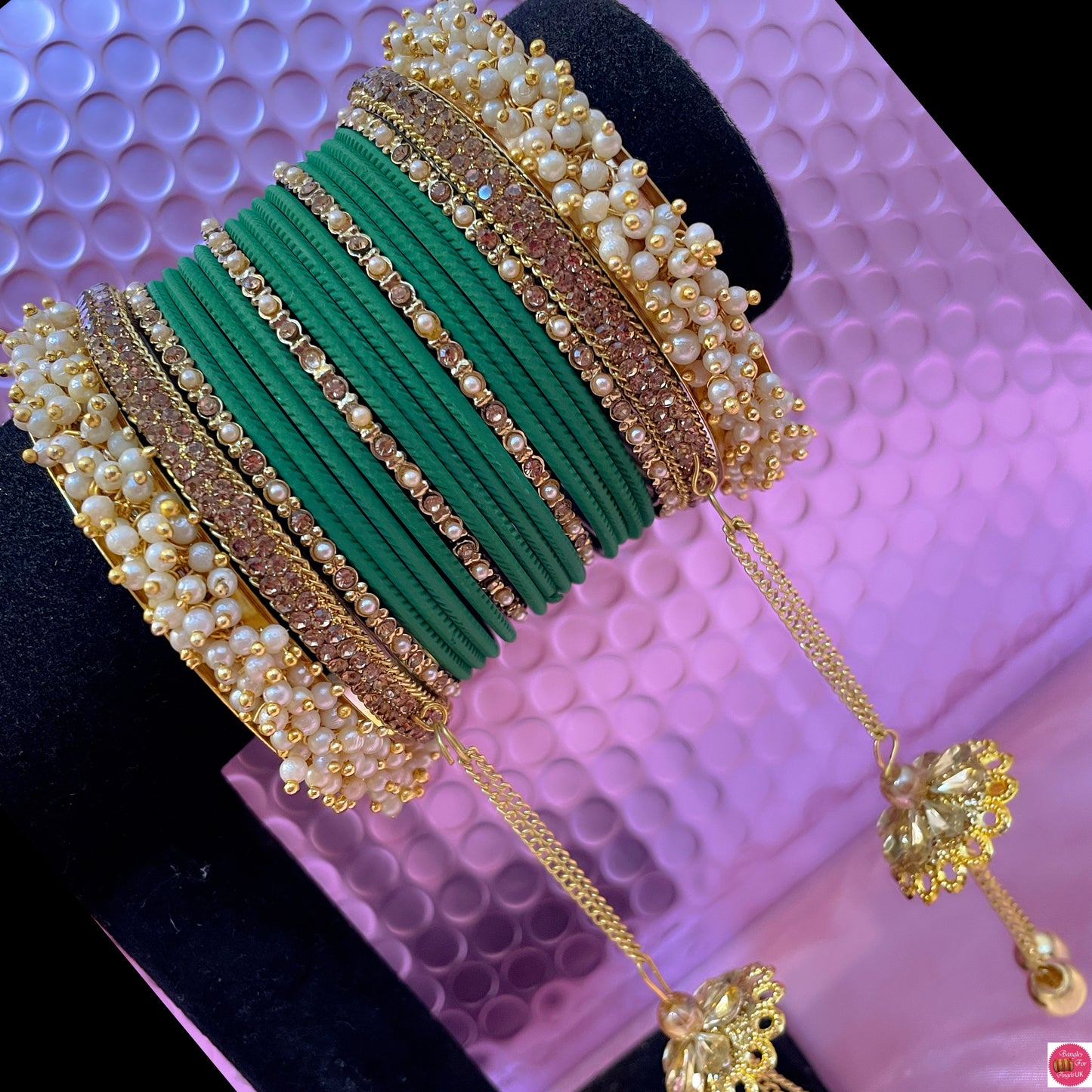 Gold Pearl Hanging Metal Bangles Set- Green