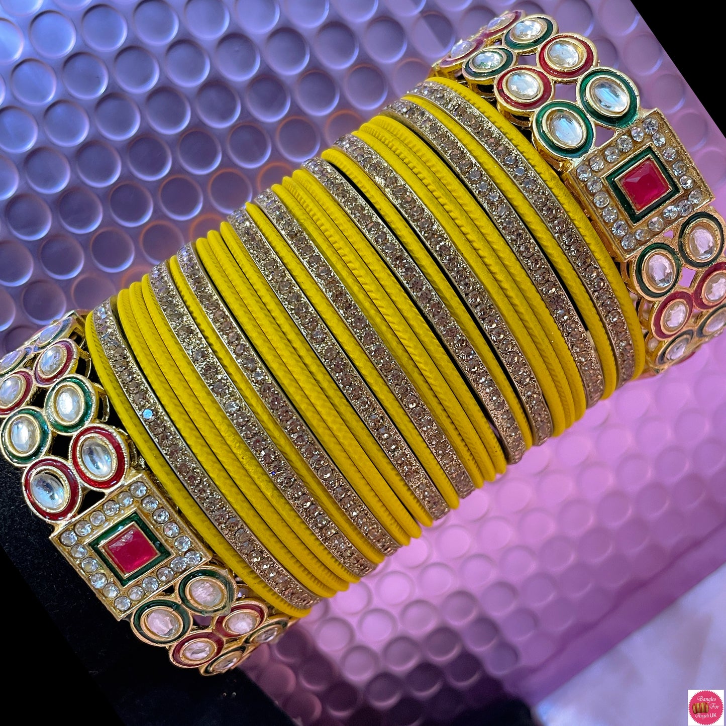 Kundan Haldi Metal Bangles Set- Yellow