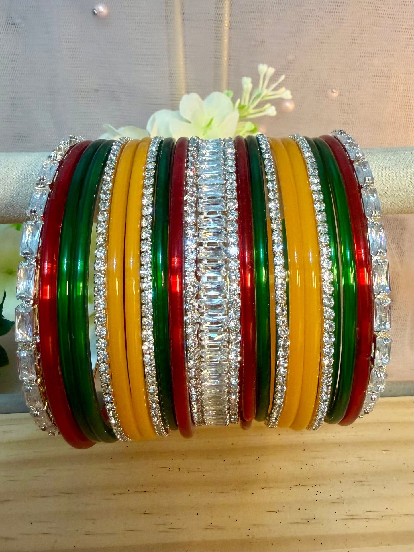 Silver Stone Glass Bangles Sets in various colors