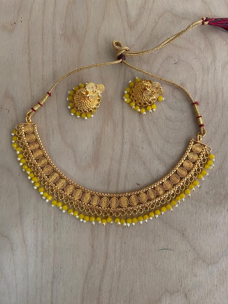 Gold Necklace & Earings/Jhumki Set- Yellow