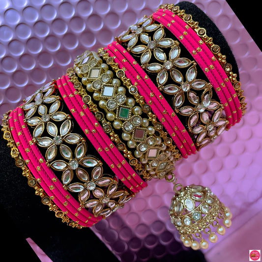 Kundan Pearl Hanging Metal Bangles Set- Raani Pink