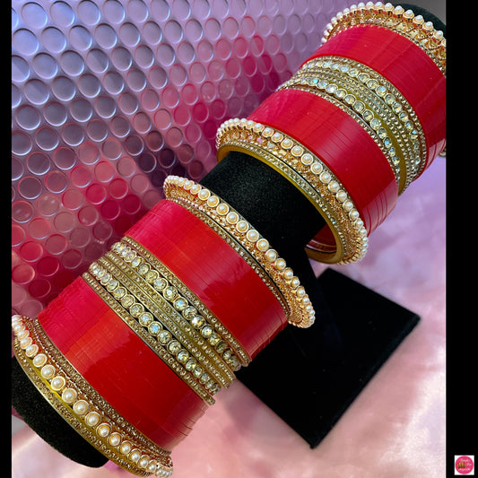 Mirror Pearl Punjabi Chura Bangles Set- Red