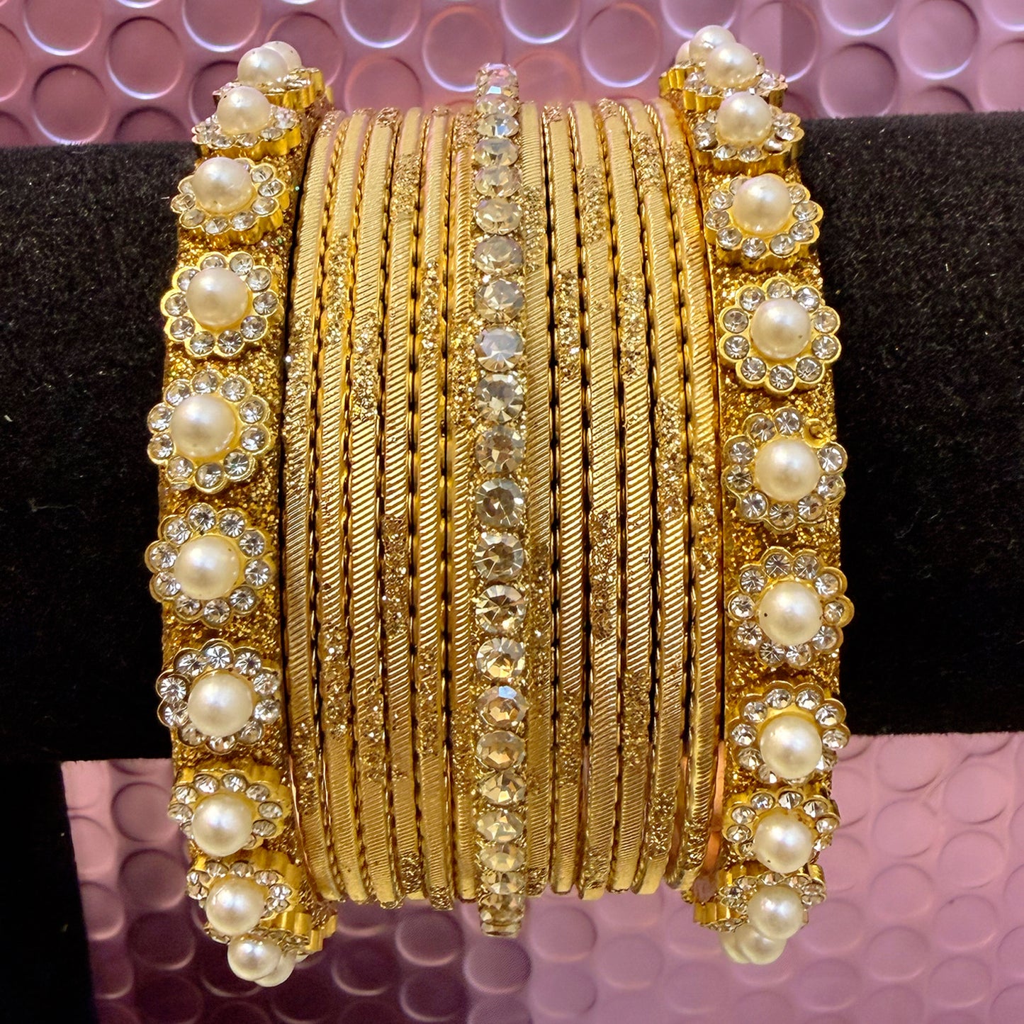 Gold Pearl Metal Bangles Sets In Assorted Colours