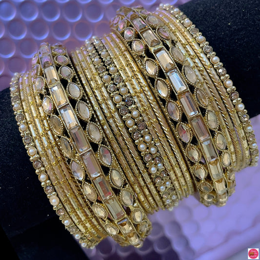 Kundan Gold Metal Bangles Set- Size 2.10