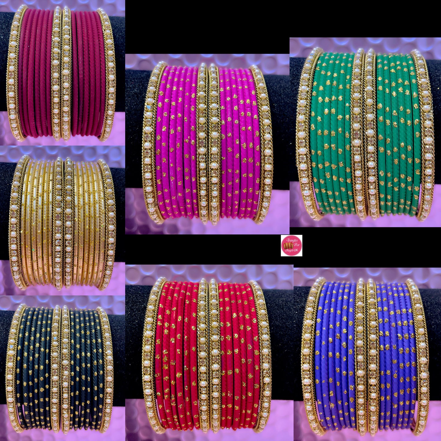 Gold Stone Metal Bangles Sets Various Colours- Size 2.10