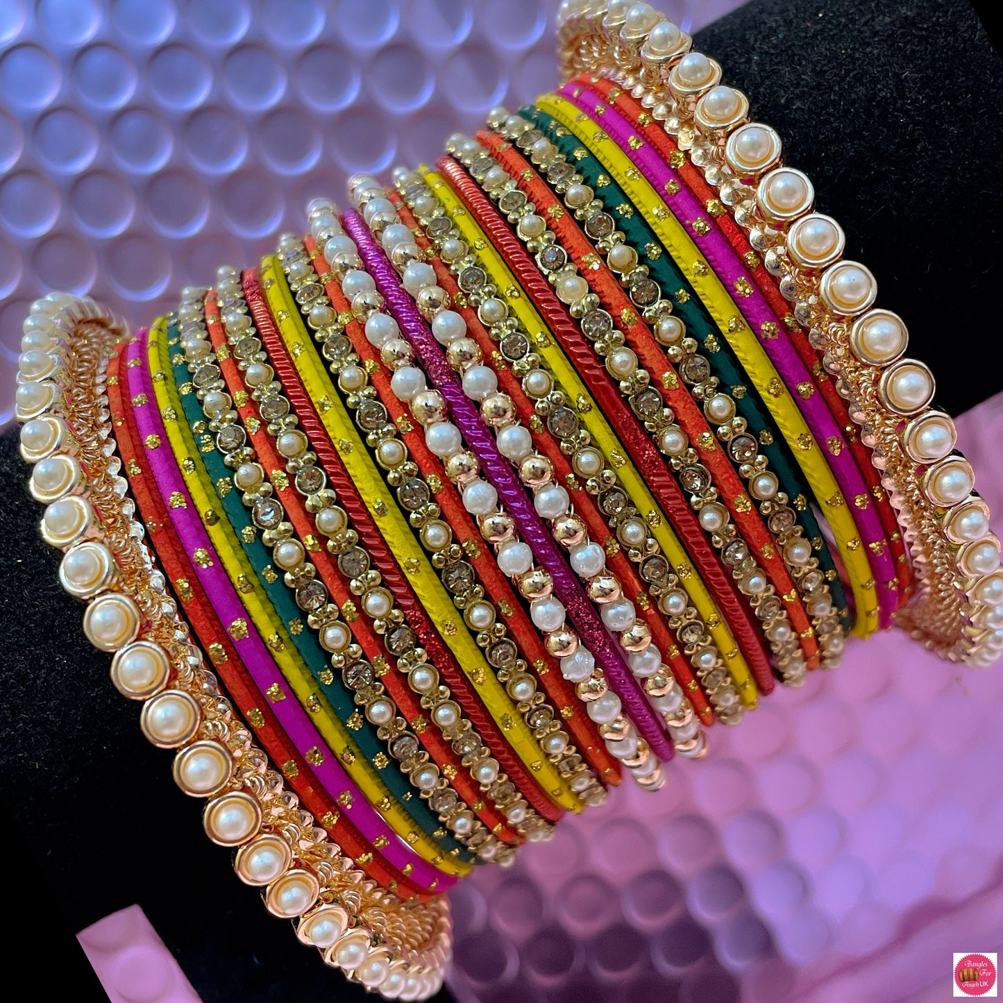 Multicoloured Gold Pearl Mehendi Metal Bangles Set