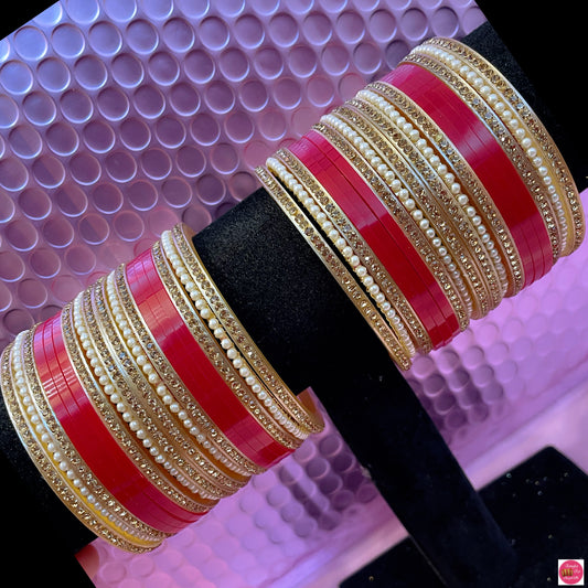 Pearl Bridal Punjabi Chura Bangles Set- Red