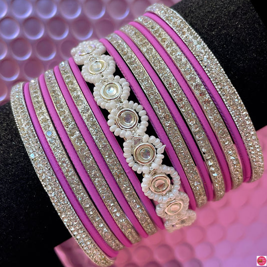 Silver Pearl Metal Bangles Set- Onion Pink