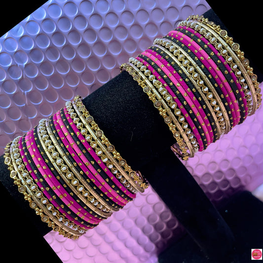 Gold Pearl Multicoloured Metal Bangles Set- Pinks