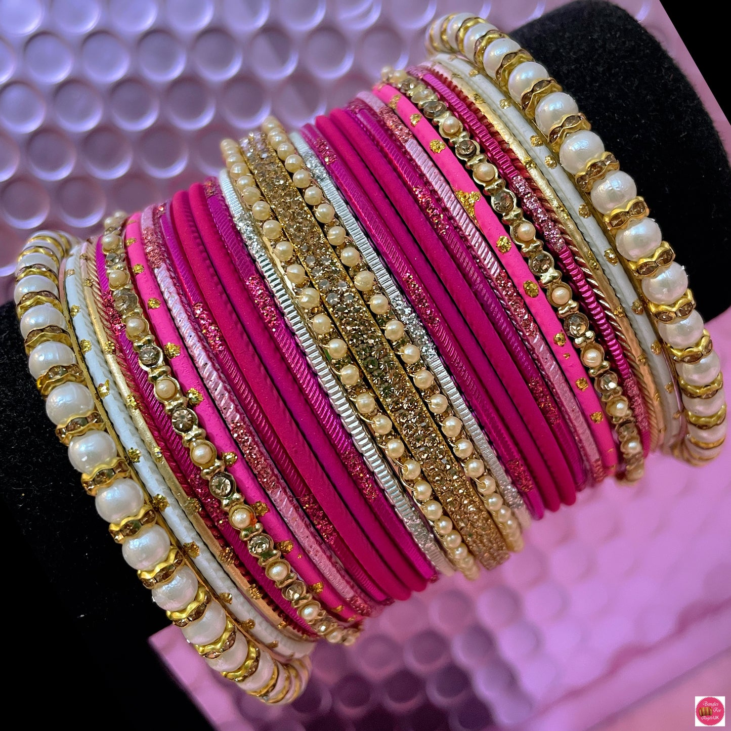 Pearl Metal Bangles Set- Cerise Pink