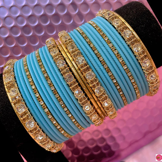 Gold Zirconia Metal Bangles Set- Pastel/Icy Blue