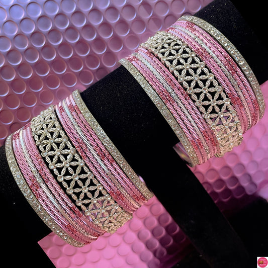 Silver Zirconia Metal Bangles Set Lilac Pink- Size 2.10