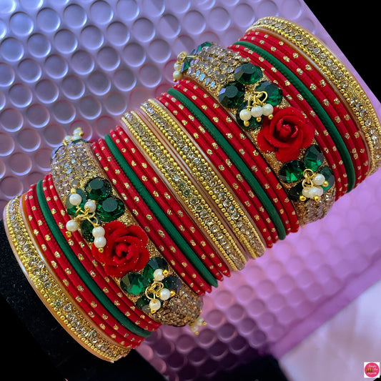 Red & Green Rose Pearl Metal Bangles Set