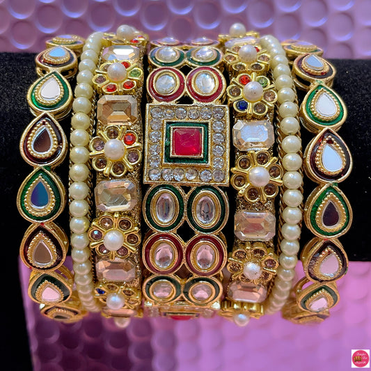 Kundan Pearl Metal Bangles Set