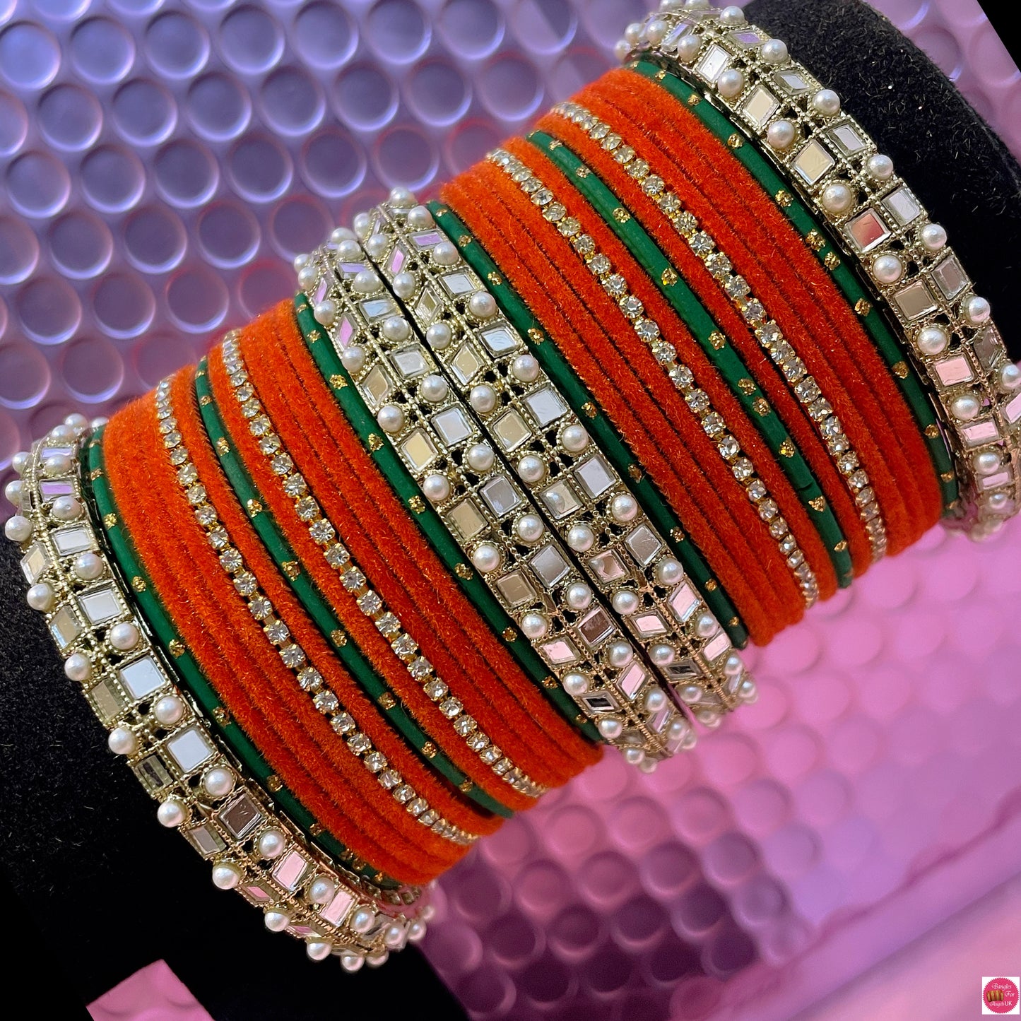 Pearl Mirror Zirconia Metal Bangles Set- Orange