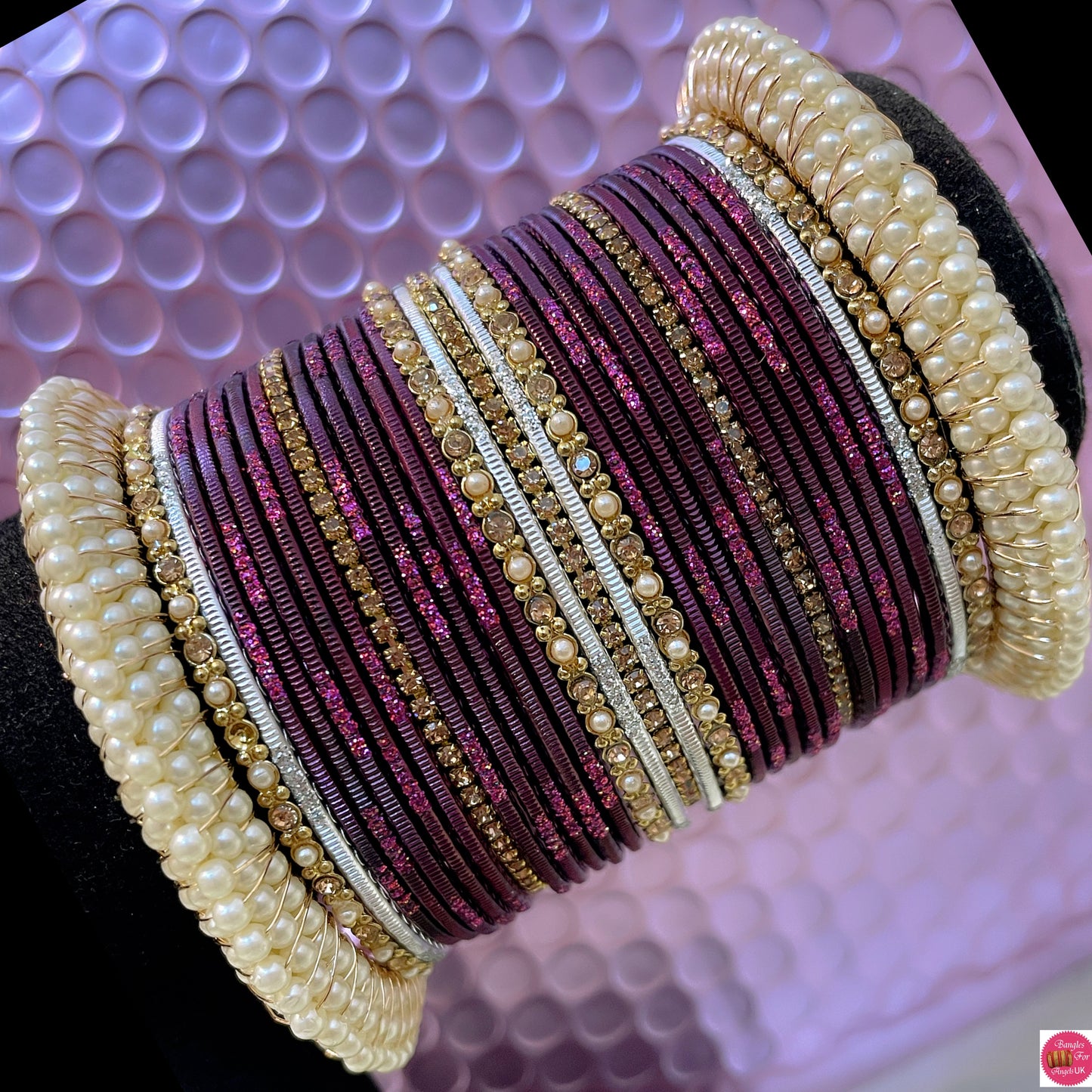Pearl Zirconia Metal Bangles Set- Plum/Wine