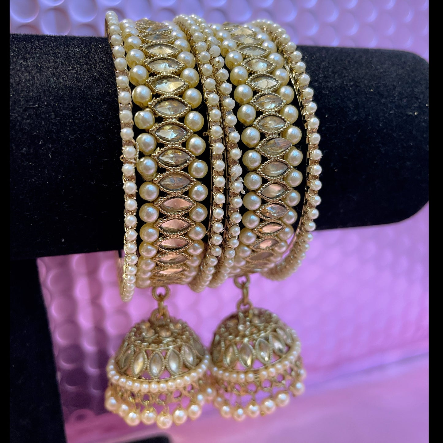 Kundan Pearl Hanging Metal Bangles Sets- Size 2.4/2.6/2.10