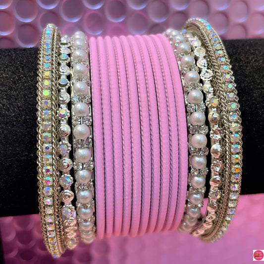 Silver Pearl Metal Bangles Set- Baby Pink