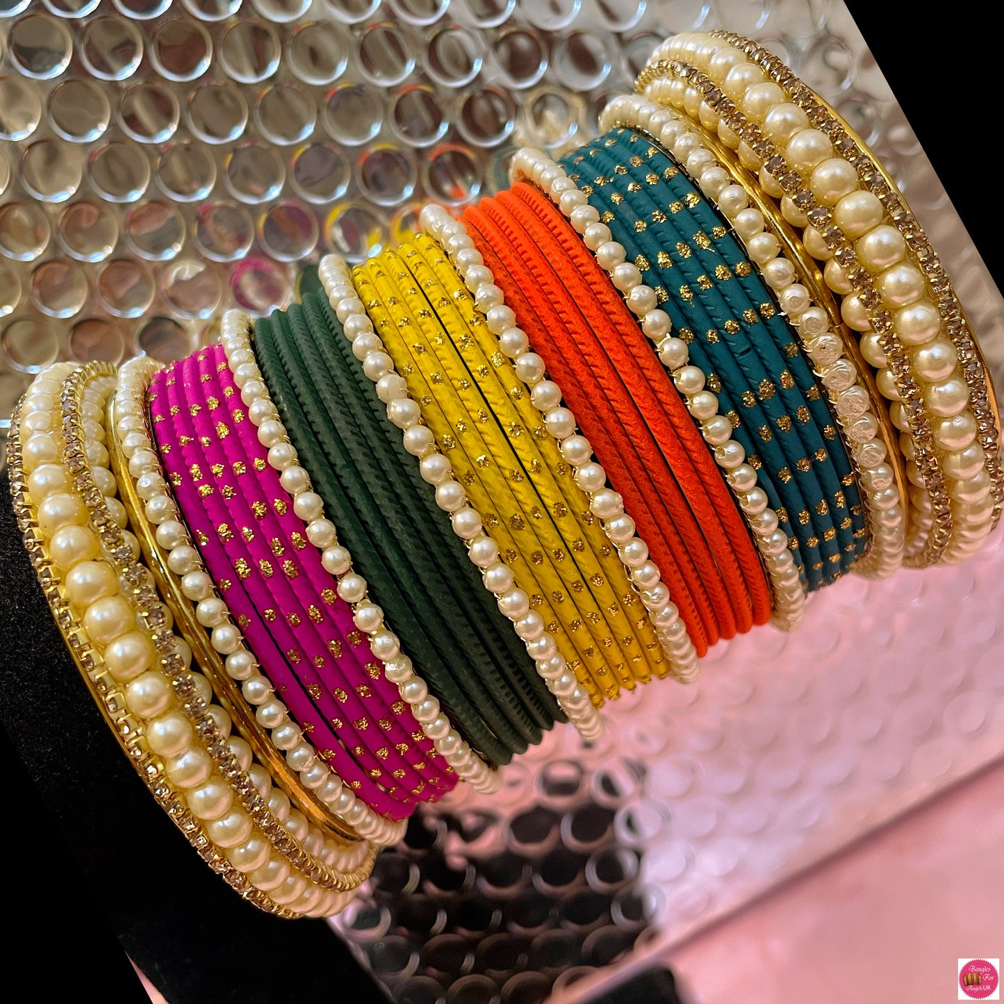 Multicoloured Pearl Zirconia Metal Bangles Sett