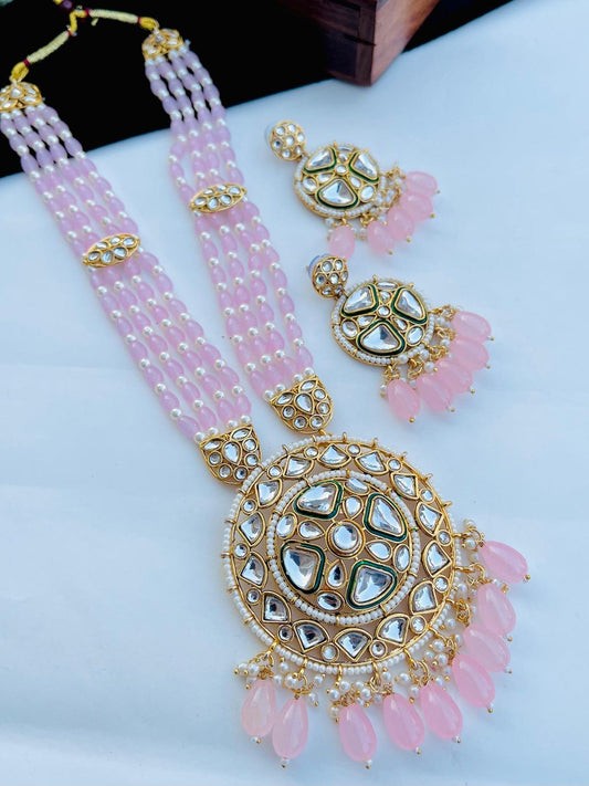 Kundan Pearl Pink Long Necklace & Earings Set