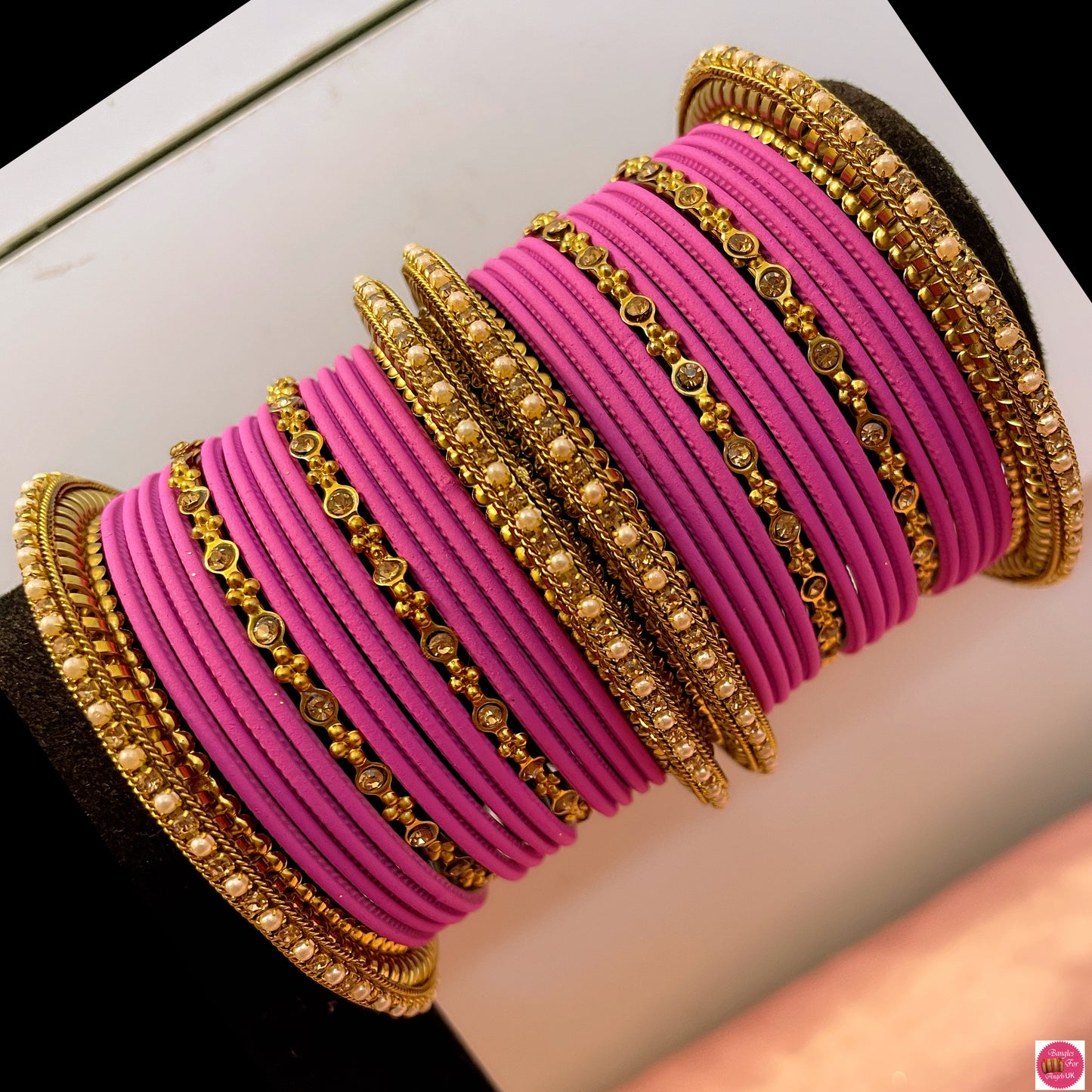 Gold Pearl Metal Bangles Set- Onion Pink