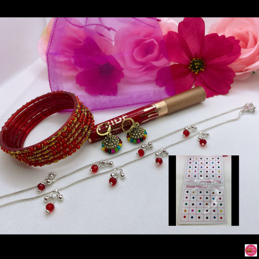 Anklet, Sindoor, Earings, Bindi & Glass Bangles- Combo Of 8 Packs