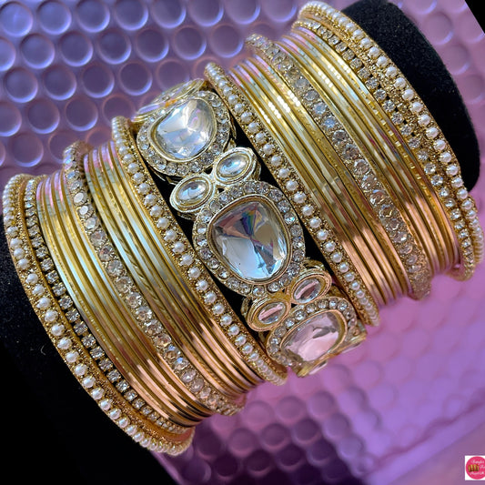 Kundan Pearl Zirconia Metal Bangles Set- Gold