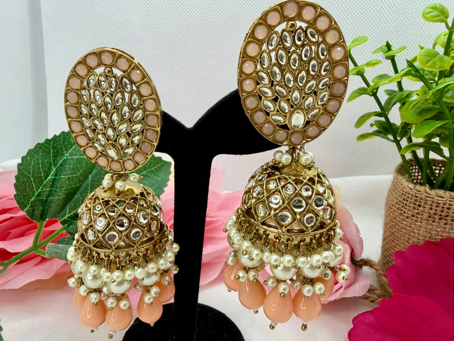 Kundan Pearl Peachy Jhumkas