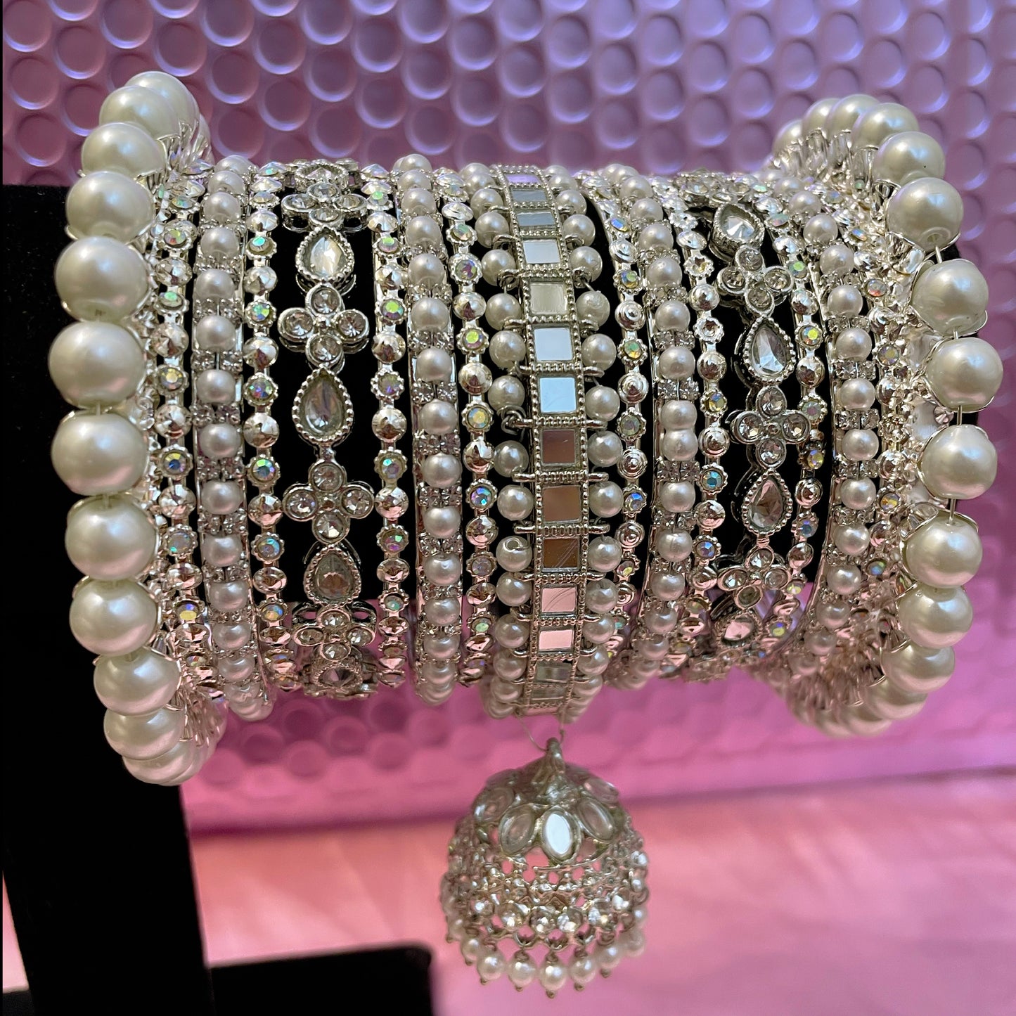 Silver Kundan Pearl Hanging Metal Bangles Set