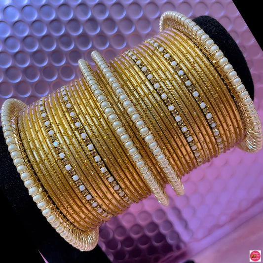 Gold Pearl Zirconia Metal Bangles Set