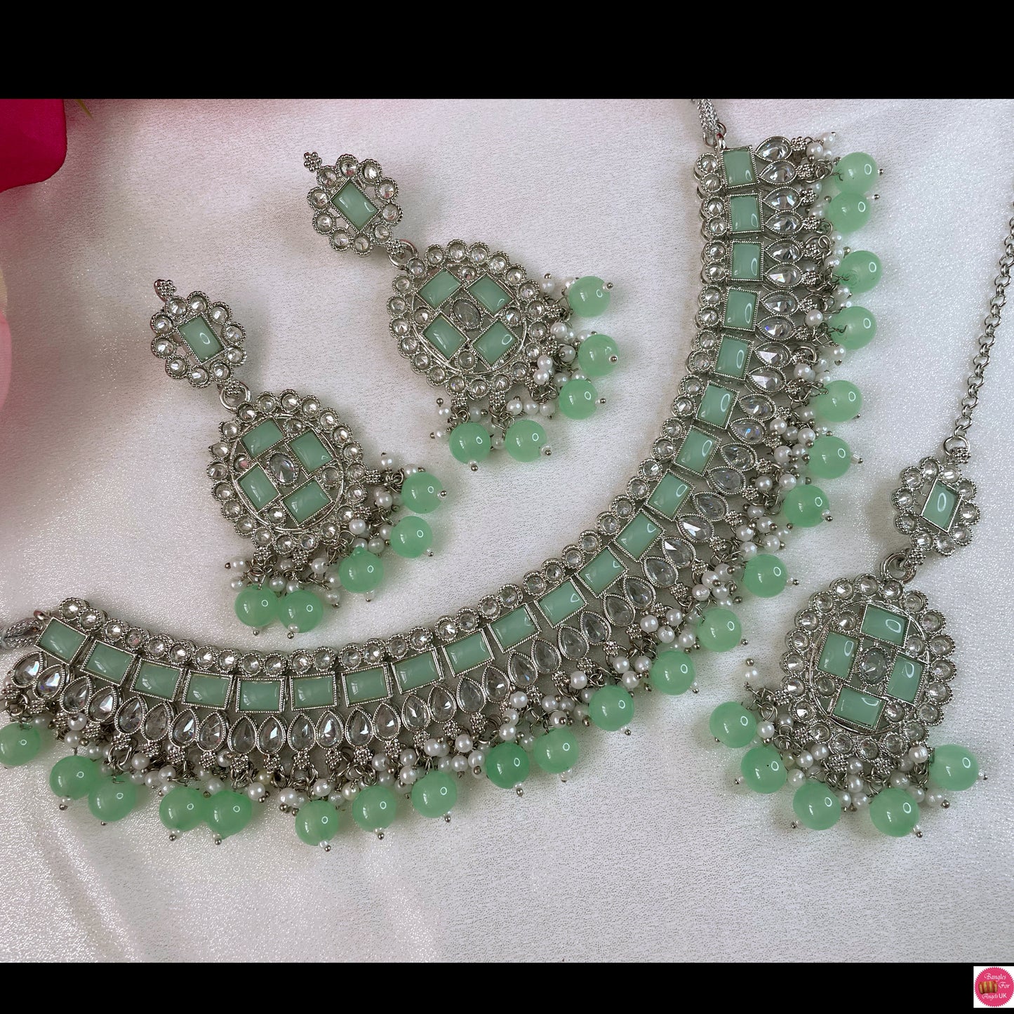 Kundan Silver Necklace, Earings & Maang Tikka Set- Mint Green