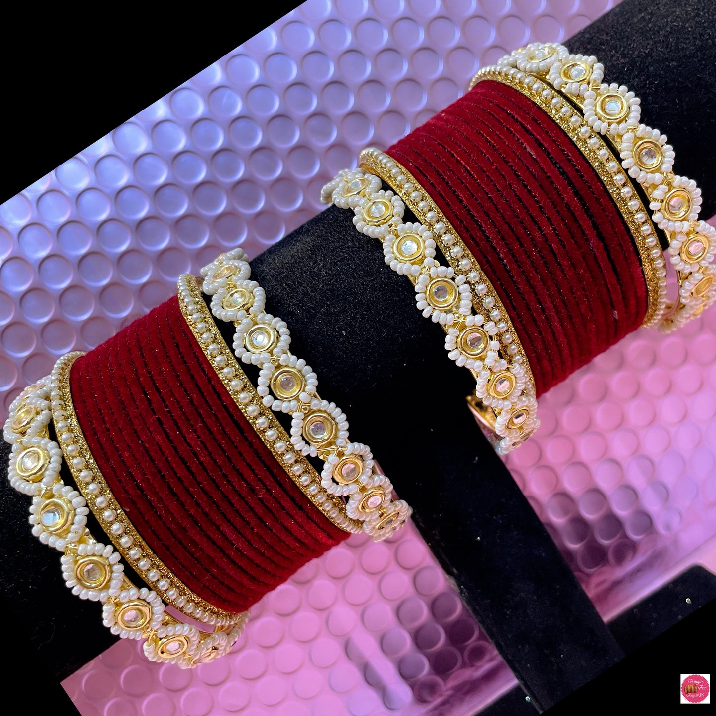 Gold Pearl Metal Bangles Set- Maroon