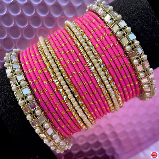 Pearl Mirror Metal Bangles Set- Baby Pink