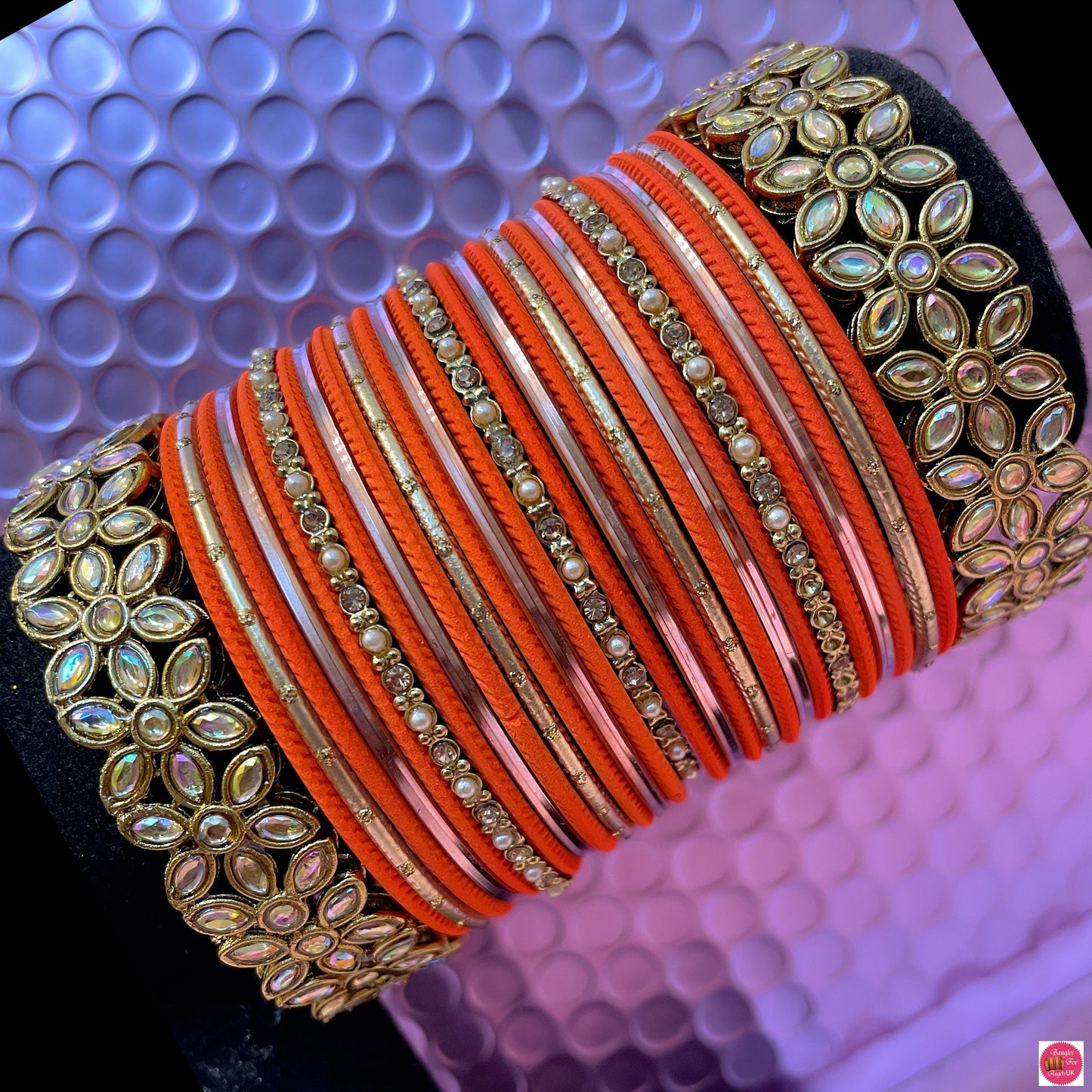 Kundan Flower Metal Bangles Set- Orange