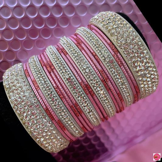 Silver Pink Metal Bangles Set- Size 2.2