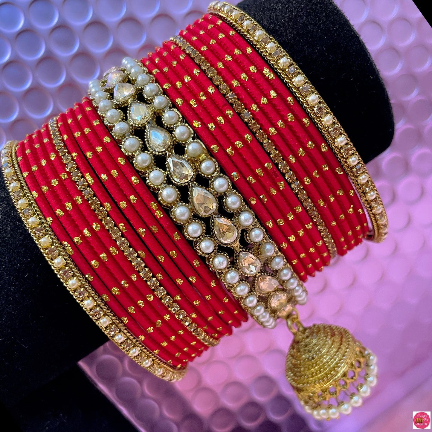 Kundan Pearl Hanging Metal Bangles Set- Red