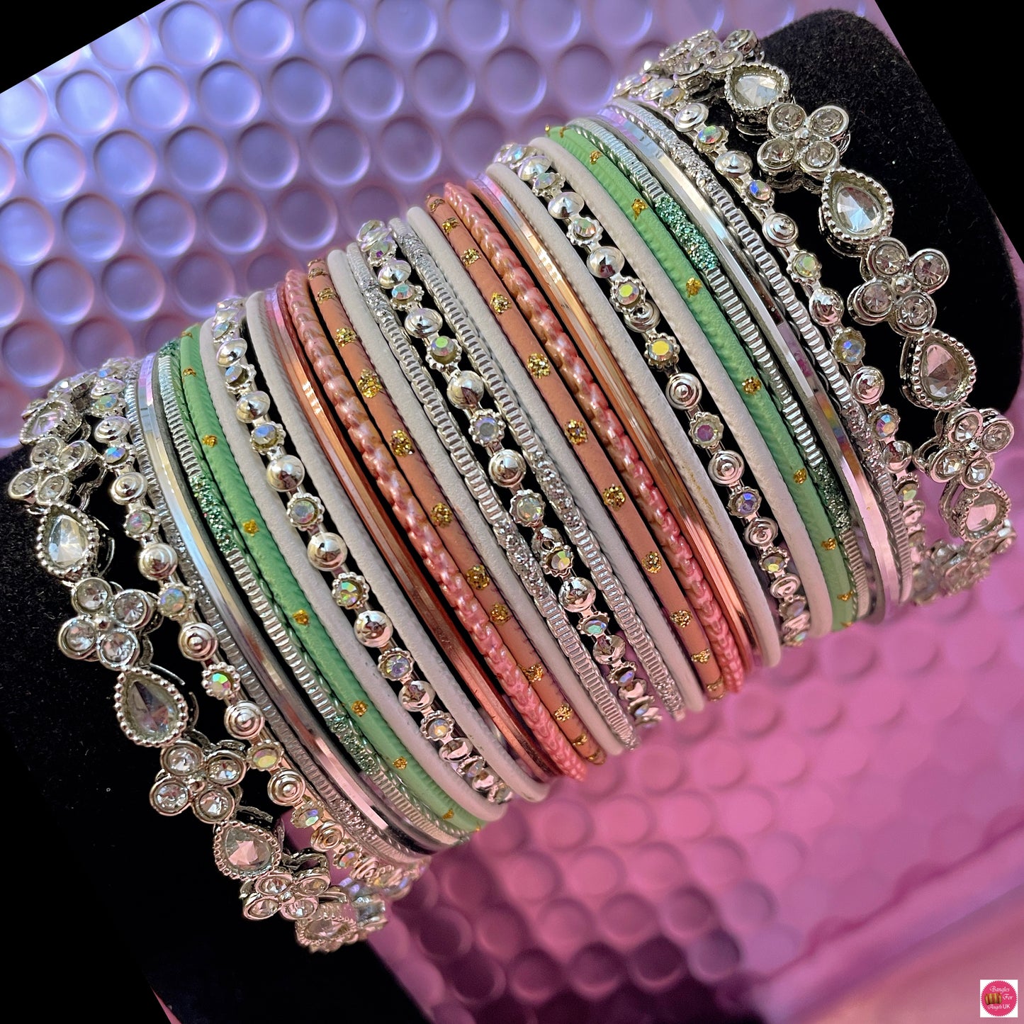 Silver Kundan Metal Bangles Set- Peach/Mint Greens