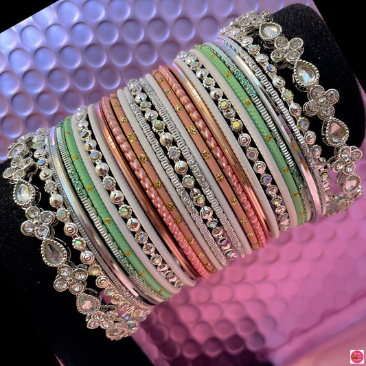 Silver Kundan Metal Bangles Set- Peach/Mint Greens