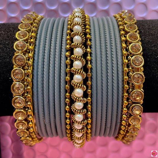 Gold Pearl Metal Bangles Set- Grey