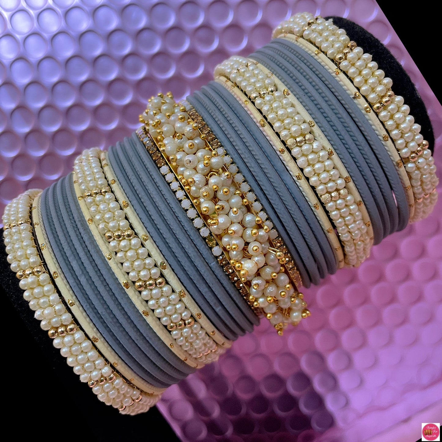 Gold Pearl Zirconia Metal Bangles Sets- Various Colours