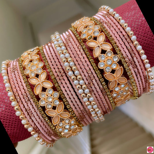 Gold Pearl Metal Bangles Set- Peach