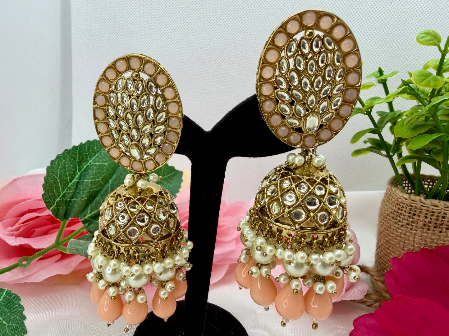 Kundan Pearl Peachy Jhumkas