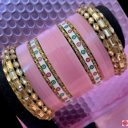 Kundan Bridal Punjabi Chura Bangles Set- Pink