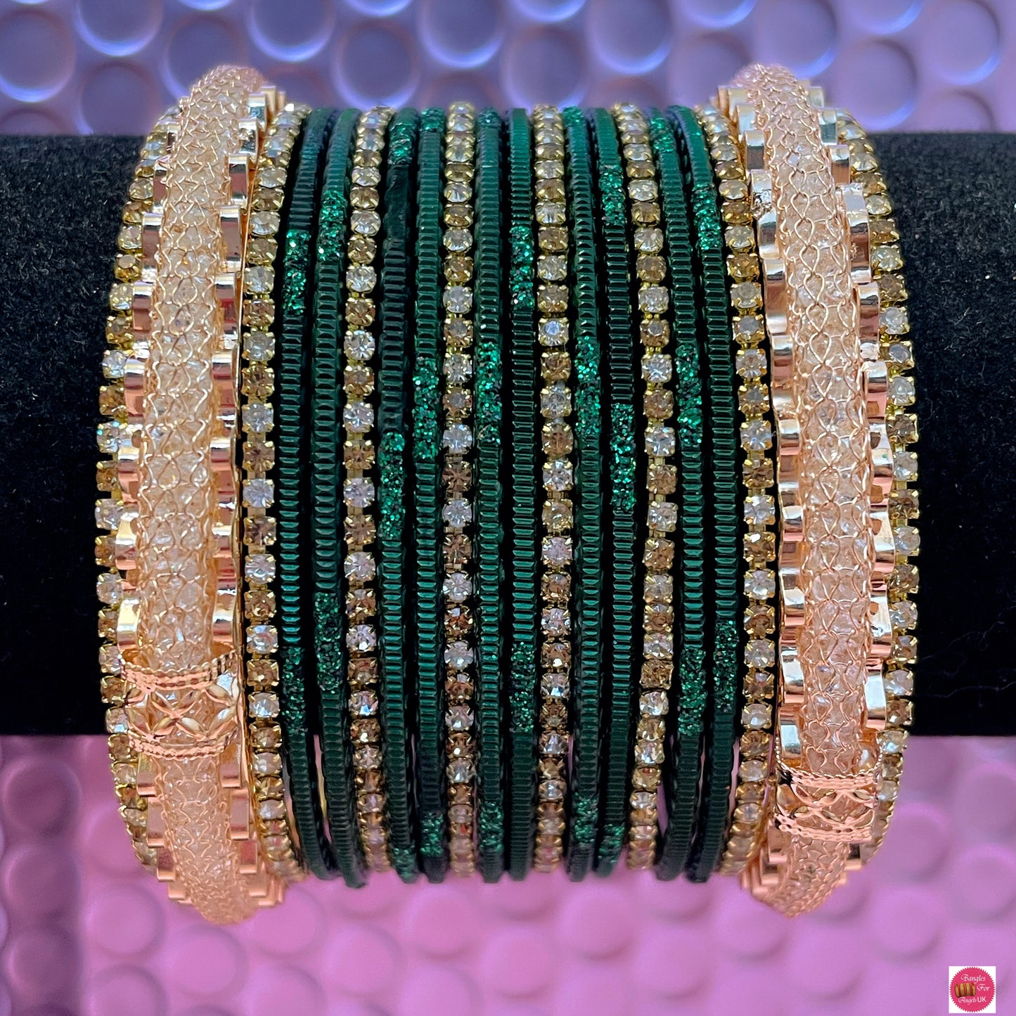 Gold Zirconia Metal Bangles Set- Deep Green