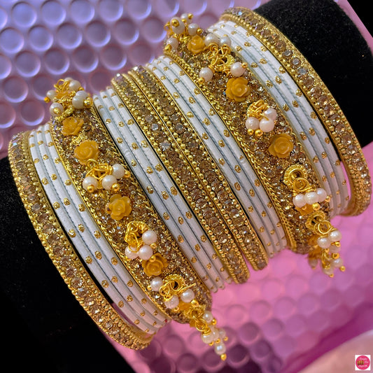 Gold Metal Bangles Set- White