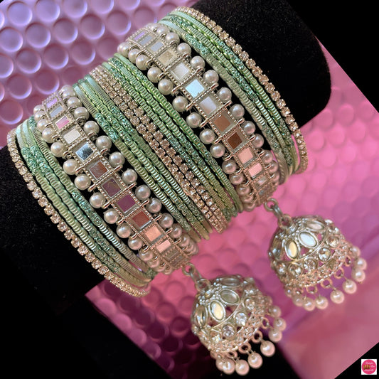 Silver Pearl Zirconia Hanging Pearl Metal Bangles Set- Mint Green/Pista