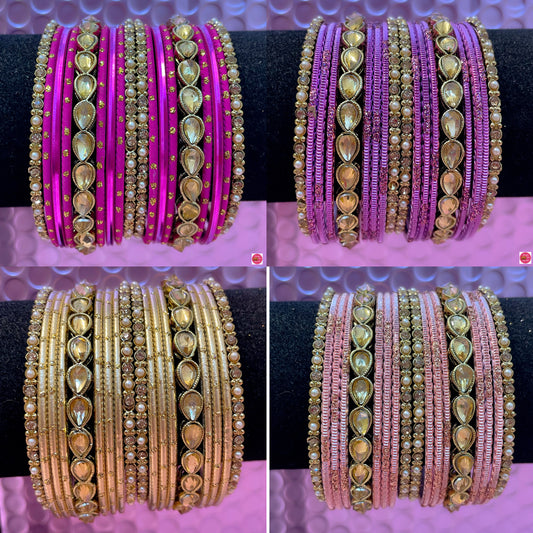 Kundan Stone Metal Bangles Set Various Colours- Size 2.10